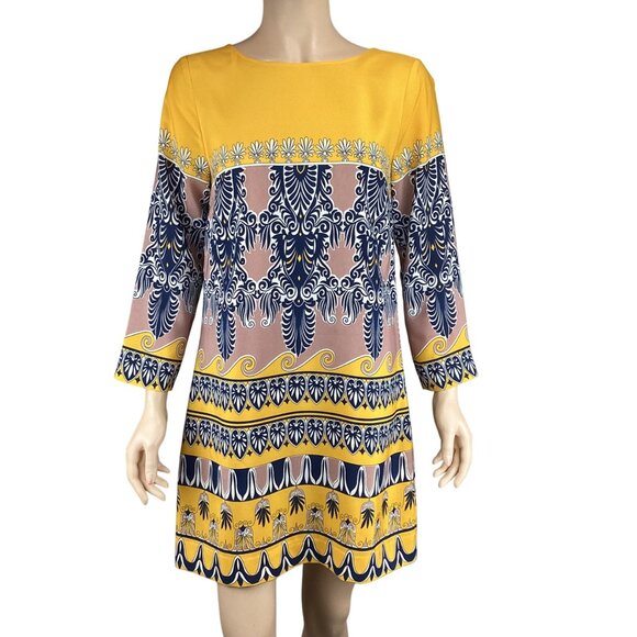 J. Crew Factory Dress Size 2 Jules Scroll Print Yellow Navy & Pink Shift‎ - Picture 2 of 7